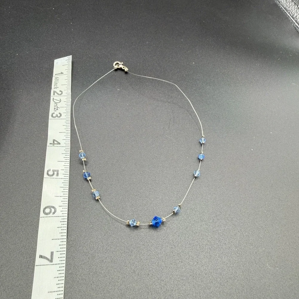 Blue Faceted Crystal Illusion Necklace Clear Wire Minimalist Y2K Gift for Her